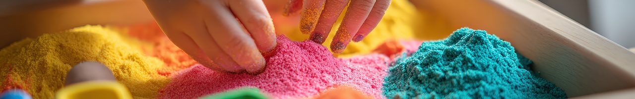 Colorful close-up of an autistic child's hands engaging with vibrant kinetic sand and sensory tools during occupational therapy, highlighting tactile stimulation and neurodiversity. space for text, --no grunge, dust, splash, --chaos 20 --ar 5:2 --v 7 Job ID: abcd343a-7867-4add-8345-59debee3883f