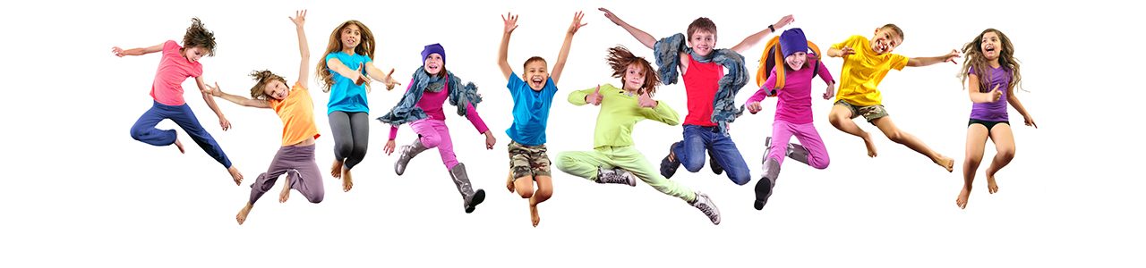 Large group of happy cheerful sportive children jumping and dancing. Isolated over white background. Childhood, freedom, happiness concept.